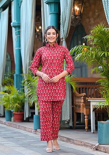 Image of Leriya Fashion Co Ord Set for Women Stylish | Ethnic Short Kurti for Women | Stylish Summer Printed Cotton Kurta Sets for Woman | A-Line Dress for Woman | 3 /4 Sleeve Top with Relaxed Fit Pant