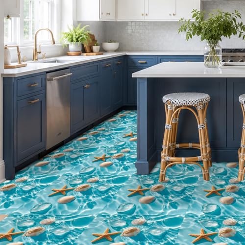 Image of Nuxovilar Peel and Stick Vinyl Floor Tiles, 12x12 Inch | Fresh Ocean Seashell Starfish Pattern, Self-Adhesive Flooring (10 Pcs)