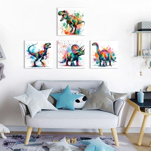 Watercolor Dinosaur Wall Art Kids Dinosaur Room Wall Decor Jurassic Park Animal Pictures Canvas Prints Graffiti Dino Artwork for Boys Bedroom Playroom Nursery Toddler Home Decoration 12x12" 4 Pcs by YOOOAHU - Used condition - Image 4