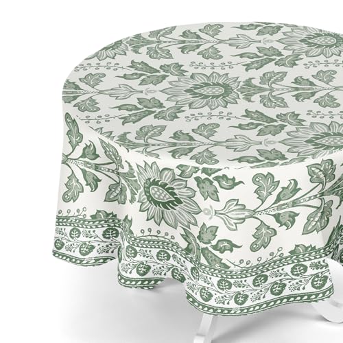 LOTUS MILLS 100% Organic Cotton Green Table Cloth, Indian Block Print Table Linen for Dining, Parties, Wedding, Outdoors Home Decor | 72 INCH Round | 6-8 Seater - Absinthe Green Lotus Garden