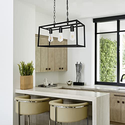 Black Farmhouse Kitchen Island Lighting Modern Linear Chandelier Industrial Dining Room Rectangular Light Fixtures For Living Room Foyer Bar (Black, 3-Light) #TOP4