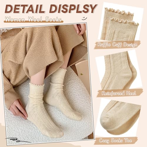 Eyean Womens Merino Wool Ruffle Socks Knit Warm Boot Winter Cozy Thermal Hiking Dress Crew Frilly Socks 5 Pairs4