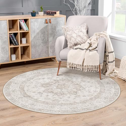 PureCozy Vintage Beige Teppich Rund 120cm Schlafzimmer Wohnzimmerteppich Boho Waschbarer Carpet Weich rutschfest Teppiche Esszimmer Büro Kurzflor Runder Tepich Vintage Beige 120cm
