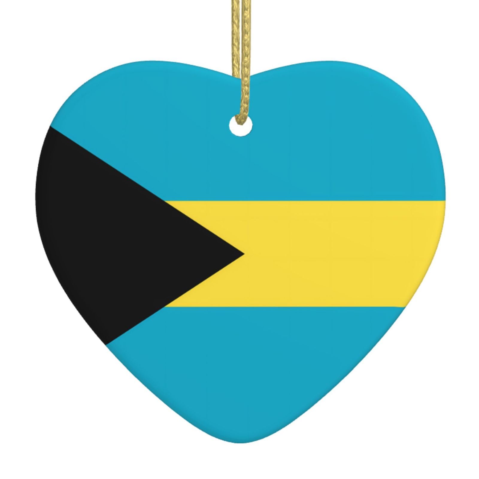 Flag of The Bahamas Ceramic Christmas Heart Pendant with Silk Thread, Christmas Tree Home Decoration