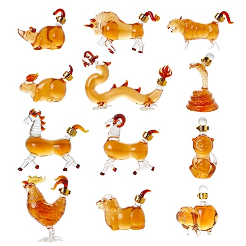 12 Chinese Zodiac Wine & Whiskey Decanter Set | Set of 12 Miniature Decanters | Table Decoration, Constellation Glassware, Animal Wine & Whiskey Carafe Gift 150 ML - (Just the bottles, nothing inside)