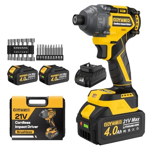 GoYwato Cordless Impact Driver 2655In-lbs(300N·m) - 21V 1/4" Hex Chuck Brushless Hand Impact Driver With 2 x 4.0Ah Battery & Charger & 14 x Sockets Set & 10 x Screwdriver Bits for Home Projects & DIY