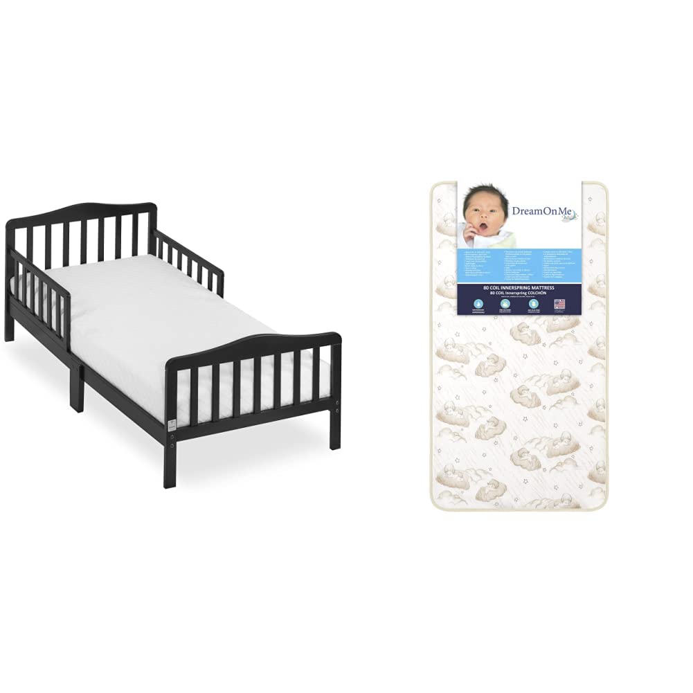 Dream On Me Classic Design Toddler Bed in Black, Greenguard Gold Certified and Dream On Me Foam 2-in-1 Breathable Twilight 5" Spring Coil Crib and Toddler Bed Mattress Firm,Plush with Reversible Design I White/Brown I Greenguard Gold Certified I JPMA Certified