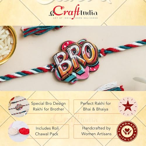 Image of eCraftIndia Bro Design Rakhi for Brother Bhaiya Bhai with Best Bro Ever Fridge Magnet | Roli Chawal Pack