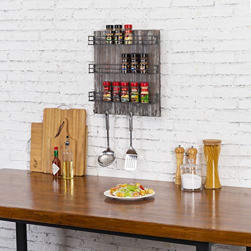 Mygift 3 Tier Black Metal Wire Kitchen Spice Rack Organizer With Torched Wood Wall Mount And 6 Hooks, Seasoning Jars And Hanging Cooking Utensil Rack #TOP1