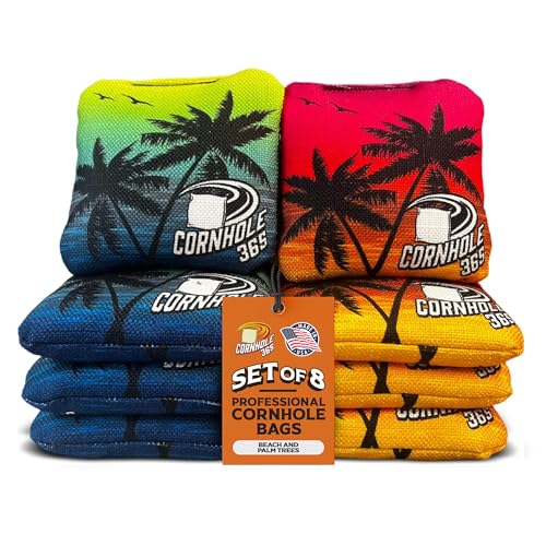 Cornhole365 Themed Cornhole Bags - All-Weather, Heavy-Duty, Resin Filling, Double-Stitched Duck Cloth - Professional Corn Hole Bean Bags for Indoor & Outdoor Use - Beach and Palm Trees - Set of 8