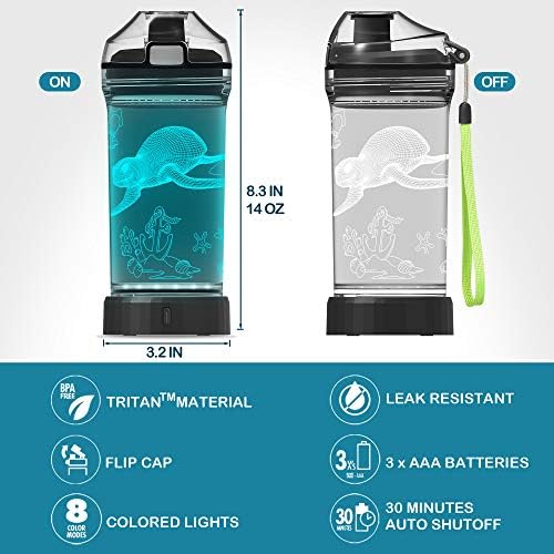 Sea Turtle Gifts, Light Up Kids Water Bottle with Ocean Animal Turtle Pattern- 14 OZ 400 ml Tritan BPA Free Eco-Friendly - Cool Drinking Cups Gift for School Kids Boy Girl Child Ocean World Lover