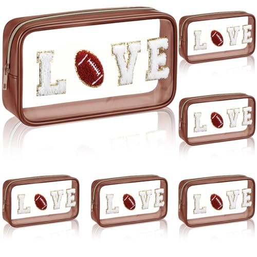 Reallnaive 6 Pcs Football Gifts for Team Clear Makeup Bag with Chenille Letter Patch Sport Goodie Clear PVC Pouch Organizer Waterproof Travel Toiletry Bags for Sports Party Favors Supplies