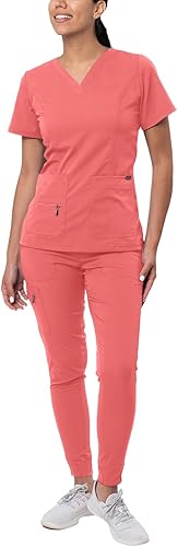 Adar Pro - Conjunto de ropa quirúrgica para mujer, camiseta elástica con cuello en V y pantalones cargo para yoga, 7 bolsillos