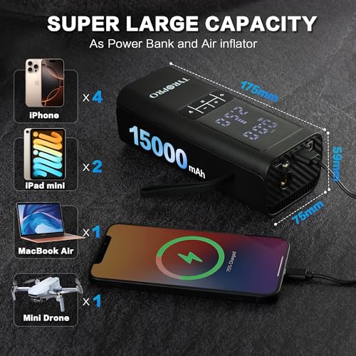TyroPro Ai Tire Inflator Portable Air Compressor 150PSI with 15000mAh Power Bank 5X Fast Inflation Digital Gauge Flash Light and Auto Shut Off, Cordless Tire Inflator for Cars, Bikes, Balls and More by TyroPro - Used condition - Image 5