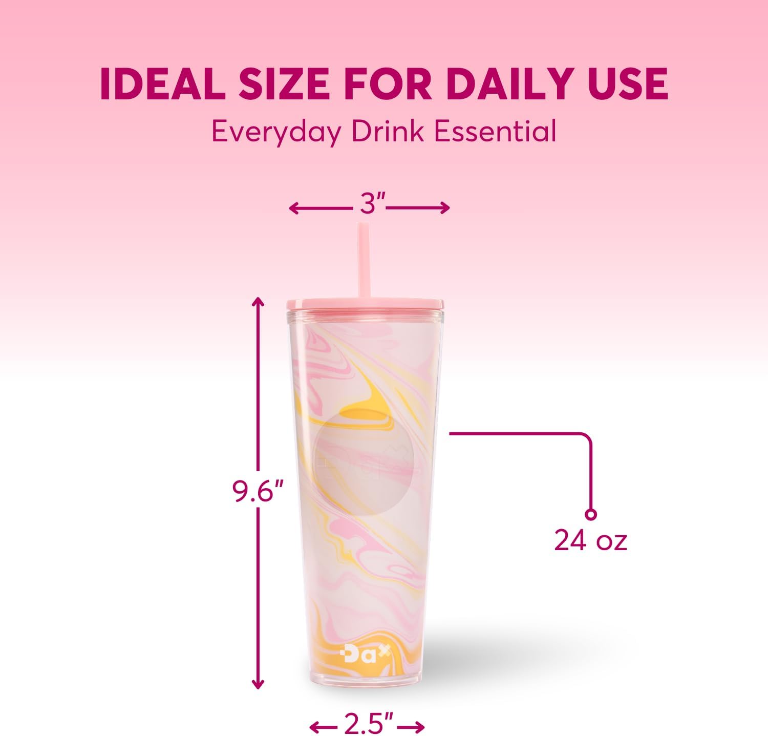 DA Plastic Tumbler With Lid And Straw, Double Wall Design, Leak Resistant Reusable BPA Free Travel Cup For Iced Coffee And Smoothies, 24oz (Marble Pink Orange) - Image 2