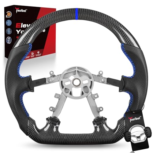 TESFEEL Real Carbon Fiber Steering Wheel for Chevy Corvette C5 (1997-2004), D-Shape Flat Bottom, Blue Stripe & Stitching, Black Nappa Perforated Leather, Fits for C5 Base, Z06 & All Trims