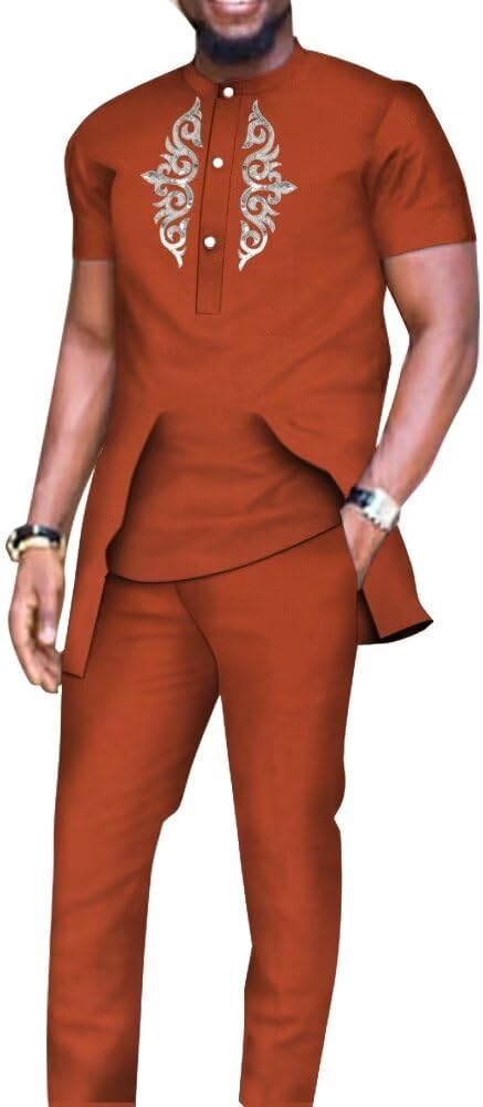 African Shirts and Pants for Men 2 Pieces Set Long Sleeve Matching Applique African Dashiki Mens Outfits Slim Fits