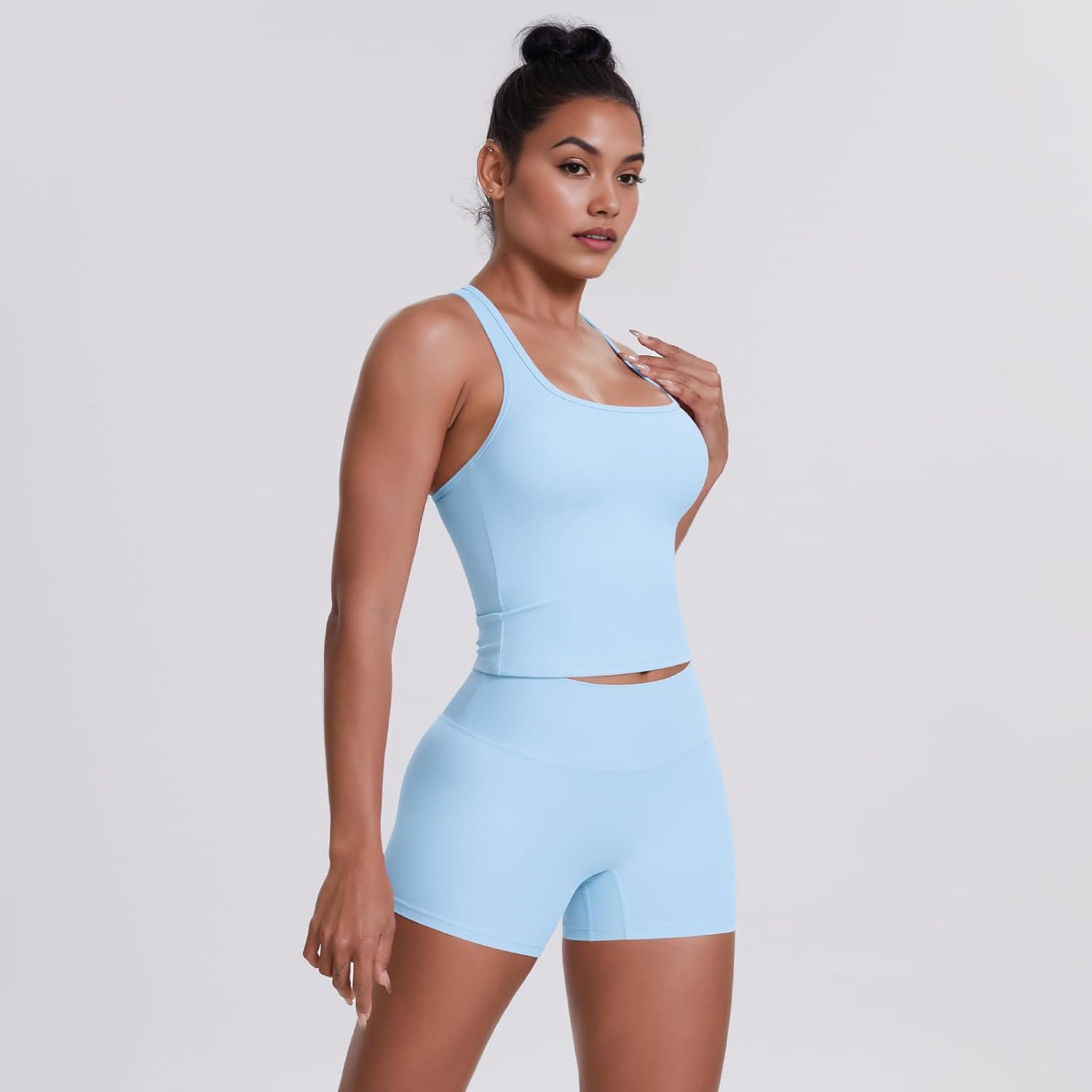 Women's 2-Piece Workout Set - U-Neck Racerback Tank Top & High-Waist Shorts - Stretchy Activewear for Yoga, Gym