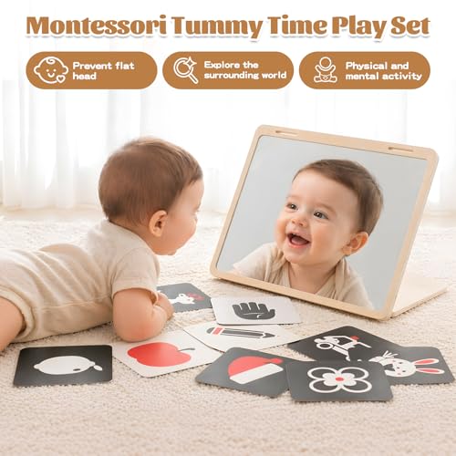 Tummy Time Play Set - Montessori Baby Safe Mirror Toy and Card Display Stand with High Contrast Black and White Cards, Adjustable Angle Large Baby Mirror and Double-Sided Design for 0-6M Newborns by Peccvon - Used condition - Image 5