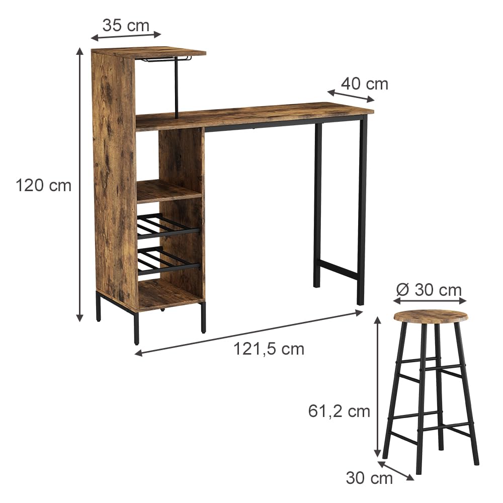 Vicco Set de Table de Bar Fyrk, Noir/chêne Rustique, 121.5x40cm avec 2 tabourets, Convient comme Coin Repas avec Surfaces de Rangement pour Le Stockage