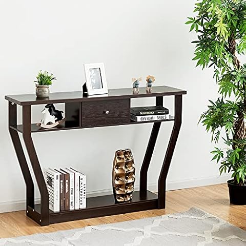 BestComfort 3 Tiers Console Table with Drawer, 47'' Wooden Accent Table with Open Storage Shelves, Easy Assembly, Narrow Sofa Side Table for Hallway Entryway Living Room (Coffee) Cover