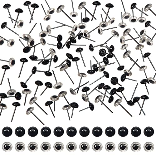 TOAOB 100 Pieces Round Glass Animal Eyes with Metal Nail 6 mm Transparent and Black Safety Eyes for Doll Making