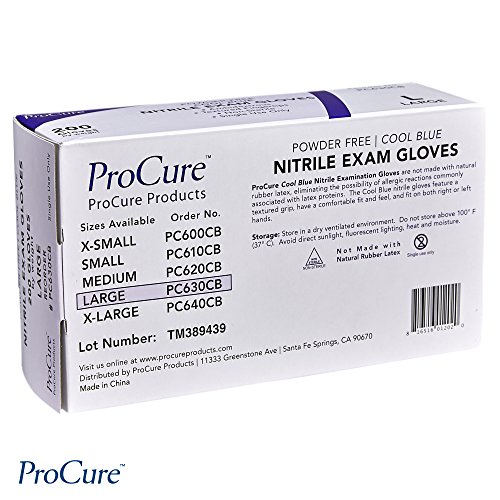 ProCure [200 Count Disposable Nitrile Gloves Large - Powder Free, Rubber Latex Free, Medical Exam Grade, Non Sterile, Ambidextrous - Soft with Textured Tips - Cool Blue
