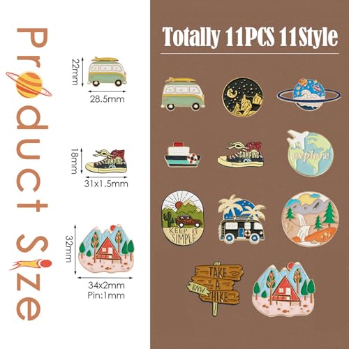 Image of 11Pcs Camping Enamel Pins for Backpacks Adventure Outdoors Lapel Brooch Pins Boat Landscape Mountain Moon Airplane Bus Car Shape Travel Theme Brooch Badges for Bags Hats Jacket Clothes Decor