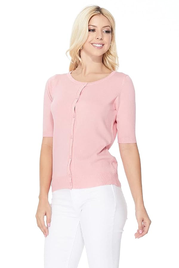 YEMAK Women's Knit Cardigan Sweater – Short Half Sleeve Crewneck Basic Classic Casual Button Down Soft Lightweight Top MK3467-WHT-XL White by YEMAK - Used condition - Image 3