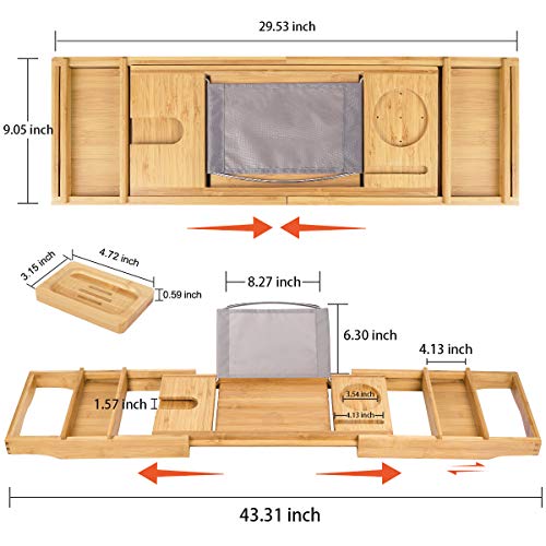 Bamboo Bathtub Caddy Tray Expandable For Luxury Bath,Bath Accessories & Table With Wine Glass Holder,Book Stand Bathroom Organizer With Extending Sides For Men/Women,Free Soap Holder,Brown #TOP3