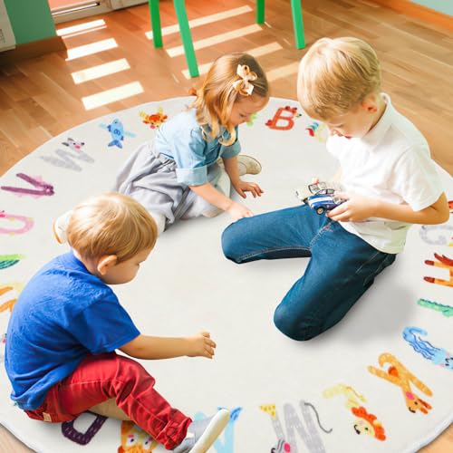 Round ABC Kids Rug,5.2 ft Animal Alphabet Playroom Rug,Washable Non-Slip Cute Nursery Rug for Kids Room,Educational Kid Play Rug Classroom Carpet for Playroom Kid Room Bedroom Decor - Image 4