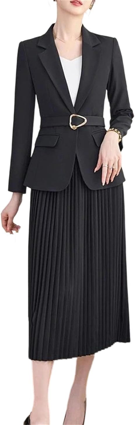 Women's Notched Collar Long Sleeve Single Breasted Jacket and Mid Calf A-Line Skirt Two Piece Set Business Outfit