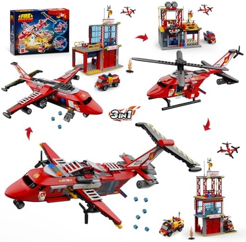 3 in 1 City Fire Rescue Plane Building Sets, Compatible with Lego Fire Station, Helicopter Fire Truck Airplane Building Blocks Toys for Boys Girls 14 for Adults Teens (823 PCS)