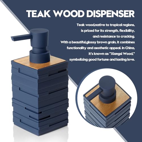 Image of YAUKPH Matte Blue Teak Wood Hand Soap Dispenser 10 oz Square for Bathroom and Kitchen Countertops