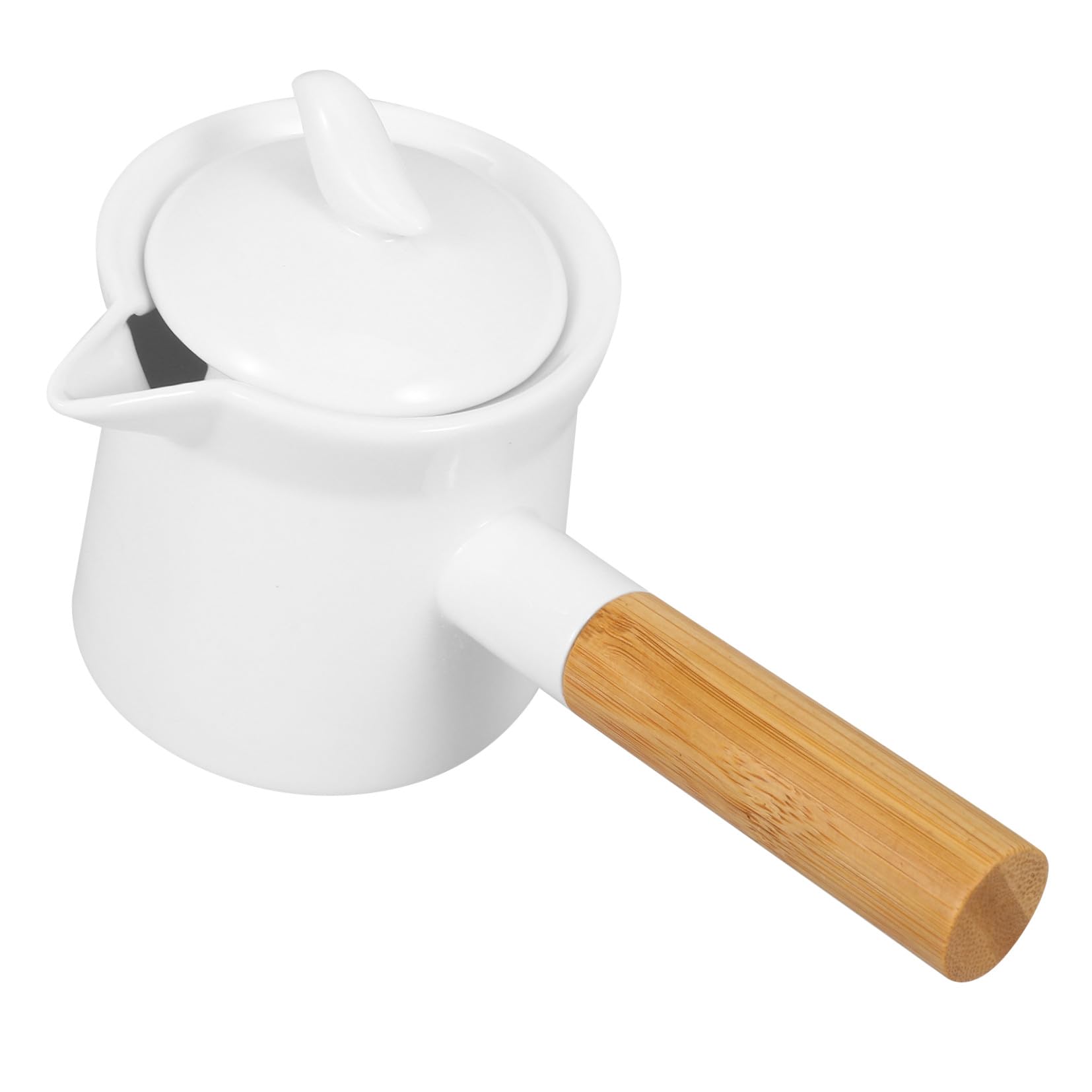 Casserole bec verseur fin en céramique blanche 350 ml TOPBATHY avec manche en bois