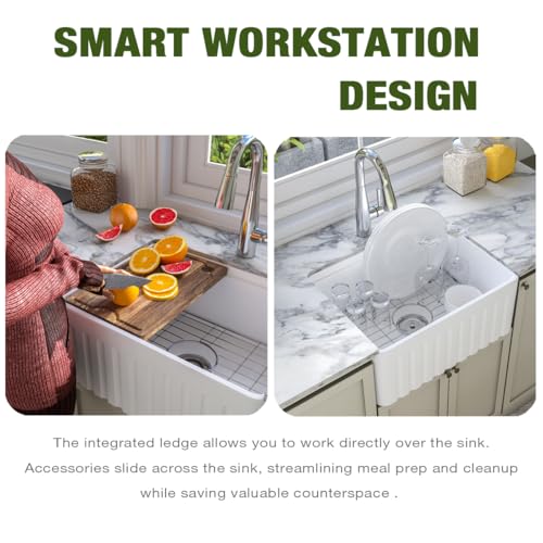 SmartSylva 60 cm Weiß Unterbau Arbeitsplatz Küchenspüle Bauernhaus Küchenspüle Keramik Tiefe Einzelschale mit Zubehör für Küche Insel