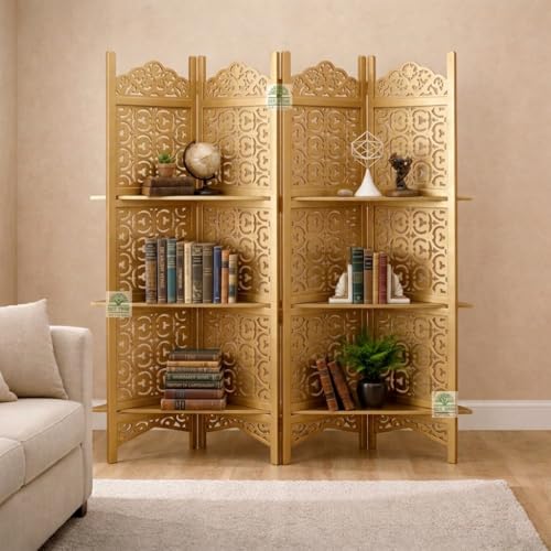 Image of Wooden Room Divider 6 Feet, 4-Panel Folding Wooden Partition for Living Room, Office, Pooja Room, Restaurant, Kitchen & Balcony (2W x 1.82H Meters). (Golden Lattice Pattern)