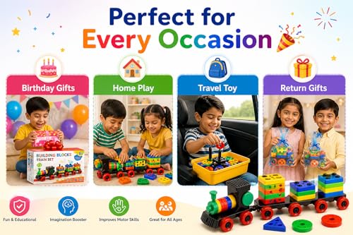 Image of Happy Kids Building Blocks Train Toy Set | DIY Creative Construction with Wheels | Educational | Motor Skills Development | Multicolor Plastic Blocks Set