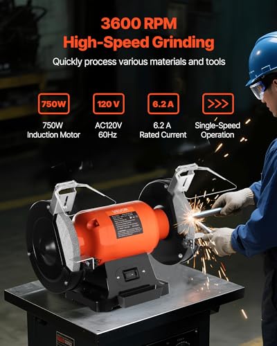 Image of VEVOR Bench Grinder, 8-inch Single Speed, 3450RPM High-Speed Table Grinders with 750W 6.2A 1.0Hp Induction Motor, 36 /60-Grit Grinding Wheel & Adjustable Eye Shield for Fast Sharpening Grinding