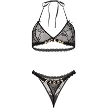 Women's Sexy Lingerie Sets Sheer See Through Mesh Bra and Panty Lace Embroidery Flirty Letter Underwear Outfits