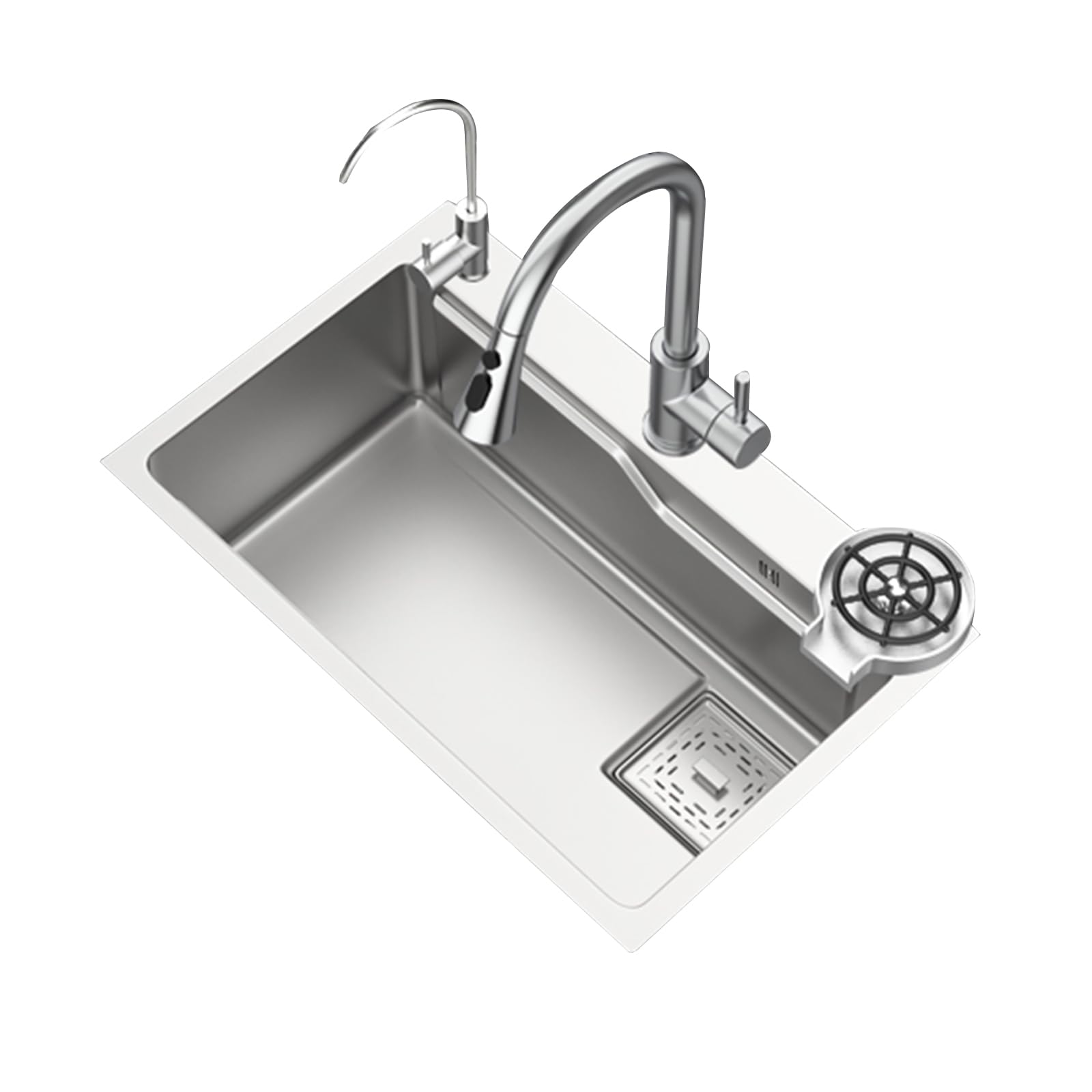 TAXXII Single Bowl Drop-in Sink, Stainless Steel Topmount Bar Dual Mount Workstation Kitchen Sink with Pull-Down Faucet(60X45cm/23.6X17.7in,Silvery)