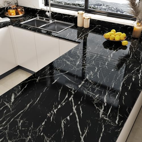 Yullpaper Glossy Black Marble Vinyl Contact Paper Black Marble Peel and Stick Wallpaper for Kitchen Counter Granite Contact Paper for Countertops Cabinet Vinyl Sticker Waterproof Wallpapers 15.7×78''