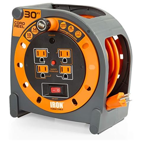 30 Ft Extension Cord Reel with 4 Electrical Power Outlets - 14/3 SJTW Heavy Duty Orange Cable Cover