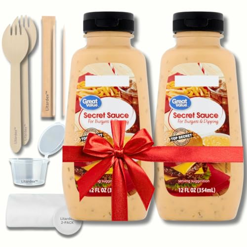 Great Value Secret Sauce for Burgers & Dipping, 12 fl oz Squeeze Bottle (2-Pack) Bundle with Litardex Wooden Spork, Clear Dipping Cup, Compressed Towel, and Toothpicks (5 Items)