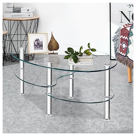 Axonl Glass Coffee Table for Living Room, Oval Glass Side Table with Storage Shelf & Metal Legs, Modern Center Table with Tempered Glass Boards for Home Office