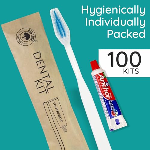 Image of Old Tree Hotel Dental Kit in Bio-Degradable Kraft Paper Pouches - (Pack of 100) - Includes 1 Manual Toothbrush & 8g Toothpaste | Eco-Friendly | Guest Amenities for Hotels, Guest Room Amenities Resorts, Guest Houses