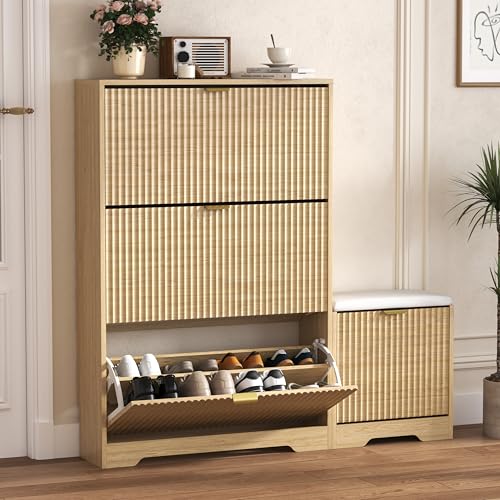 Image of HUANLEGO Shoe Cabinet Storage for Entryway with 4 Flip Drawers, Oak Fluted Shoe Cabinet with Bench, Wooden Hidden Shoe Rack Freestanding Narrow Slim Shoes Storage Organizer for Hallway, Entrance