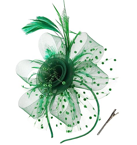 Durzasvo Women\'s Fascinators Tea Party Wedding Derby Mesh Flower Pearl Feather Fascinator Hat with Headband and Clip Green