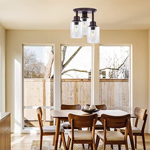 Semi Flush Mount Ceiling Light, 3-Light Close to Ceiling Light Fixtures, Vintage Oil-Rubbed Bronze Finish Kitchen Light Fixture with Clear Seeded Glass Shade Patriot Lighting for Entryway Porch Foyer - Thumbnail 5