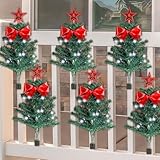 Suilung 6 Pcs Christmas Fence Decor with Solar Lights and Red Bows Mini Christmas Trees Outdoor Fence Decorations 15 Inch Lighted Hanging Christmas Trees for Balcony Patio Yard Garden